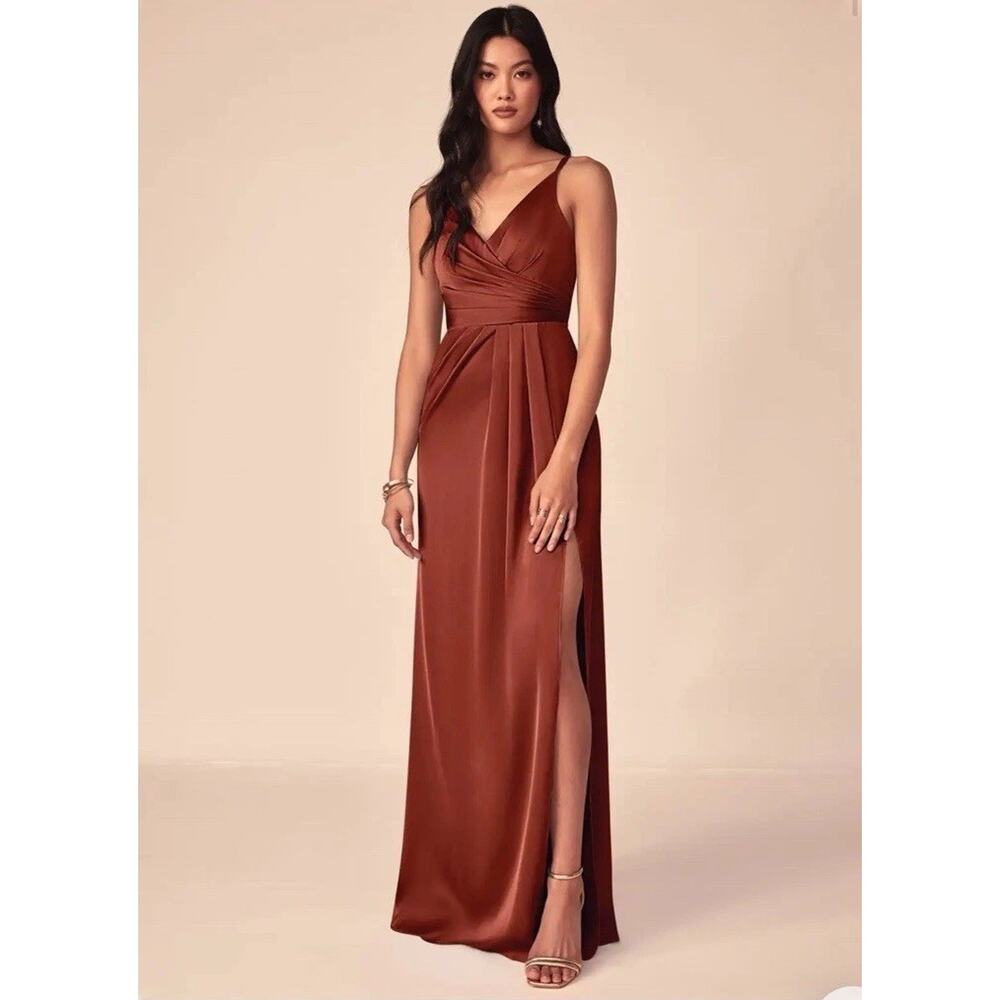 NWT Azazie Aqua Stretch Satin Dress Terracotta A-Line V-Neck Pleated Size A8
